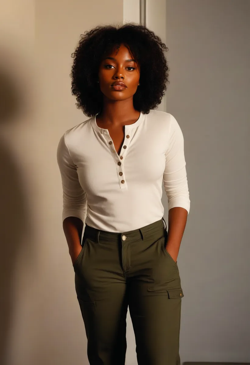 Portrait of a melanin-rich woman wearing a white Henley shirt and olive green utility pants, standing with hands in pockets against a softly lit plain background.
