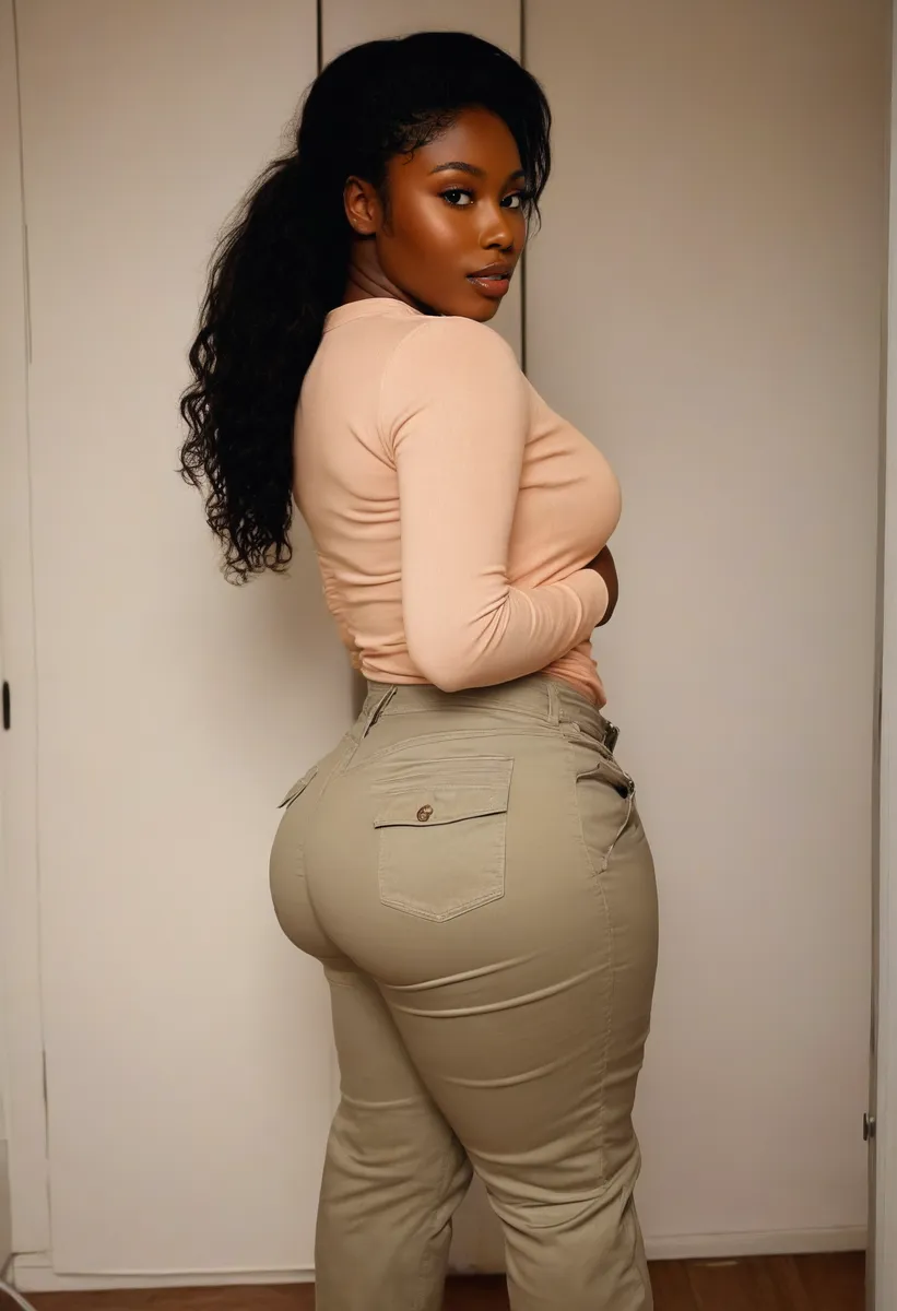 A close-up of a curvy melanin woman wearing a peach-colored Henley shirt and beige utility pants, standing in a private dressing room with soft diffused lighting.
