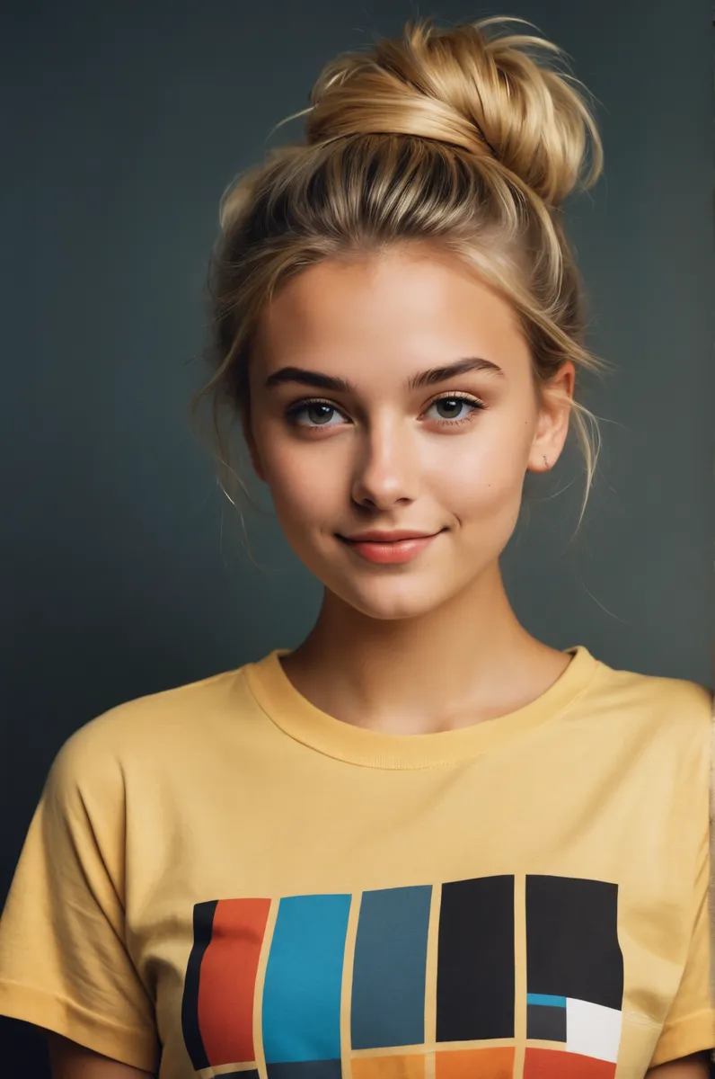 Close up portrait of a young blonde woman with a messy bun, wearing a colorful t-shirt, against a dark background with warm lighting and highly detailed realistic skin.