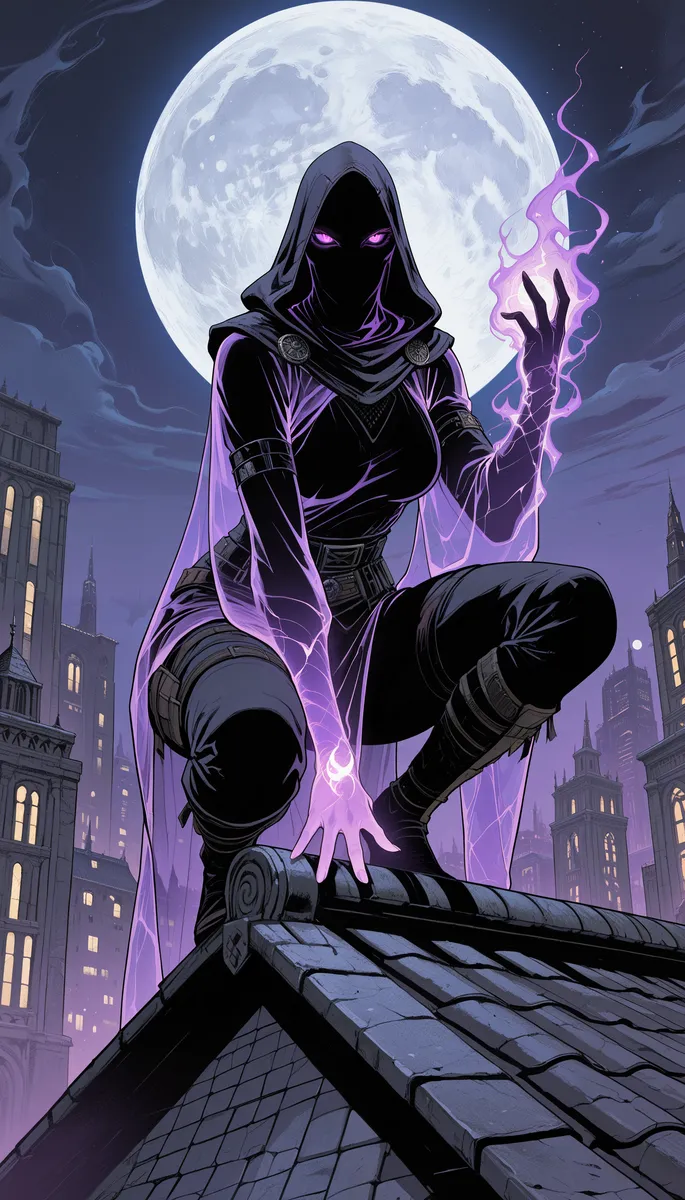 Hooded female assassin with glowing purple eyes and translucent shadowy clothes crouching on a rooftop at night with a full moon and city skyline in the background, wielding shadow magic.