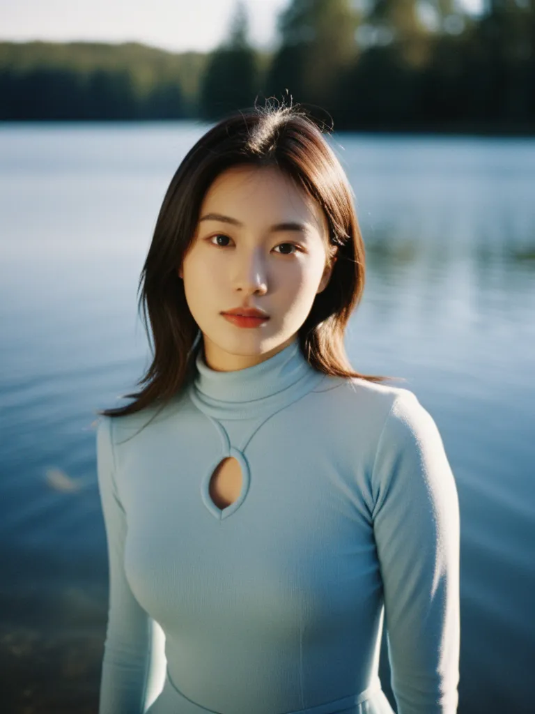 Portrait of a pretty girl with an oval face, wearing a blue turtleneck dress with a keyhole cutout, standing in a lake with a blurred background of trees and water, under soft natural light with film grain and bokeh effects.