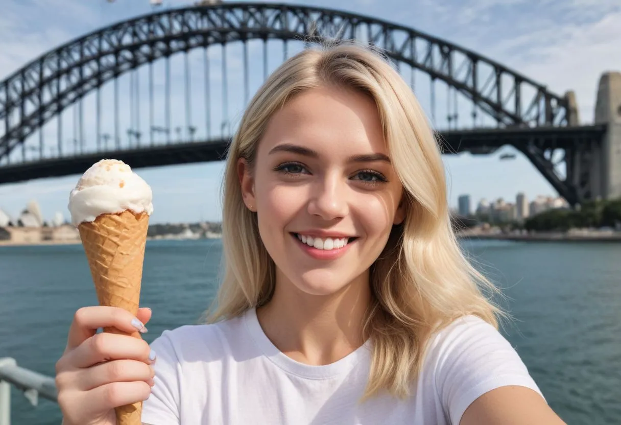 Smiling blonde female tourist holding an ice cream cone taking a selfie with the Sydney Harbor Bridge and water in the background.