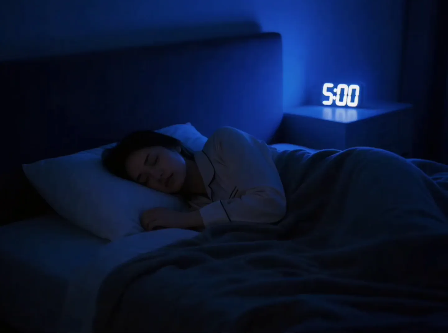 Una donna che dorme pacificamente su un letto in una camera poco illuminata da una luce blu di un orologio digitale che segna le 5:00.