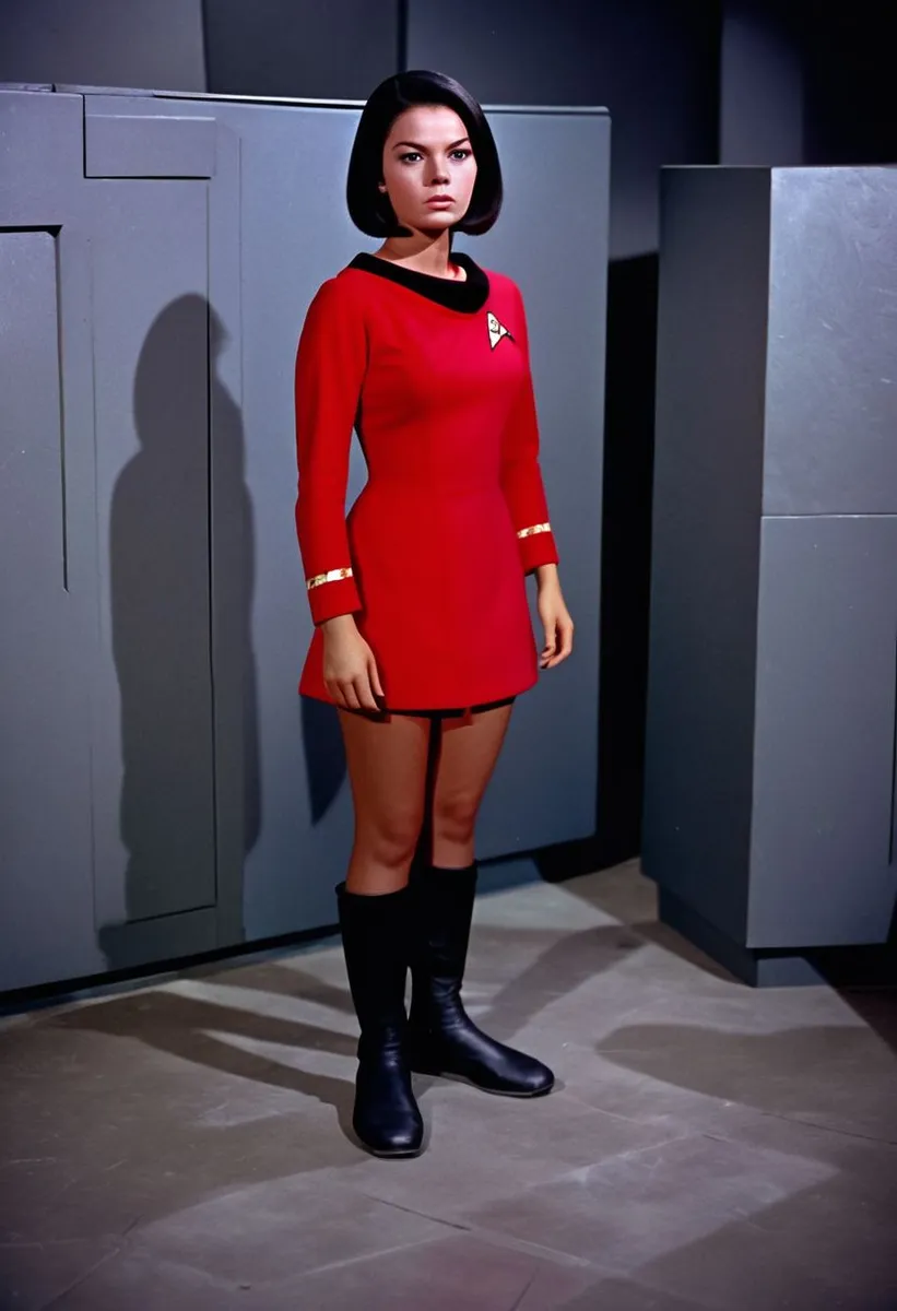 Young female human yeoman with sleek bob haircut wearing a red Star Trek original series dress and black boots standing on the Starship Enterprise set.