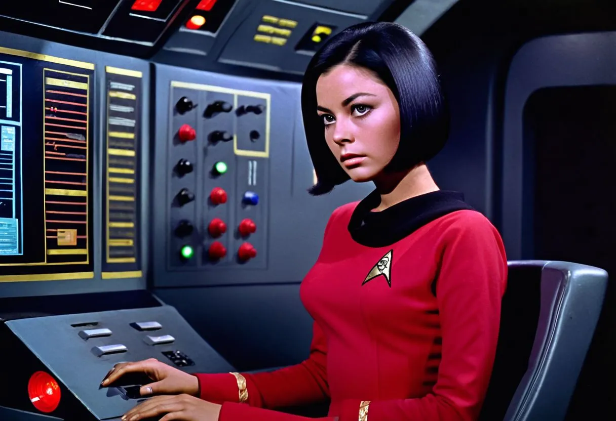 Young woman with shiny black bob haircut wearing a red Star Trek security uniform seated at a starship control panel with retro 1960s sci-fi aesthetic