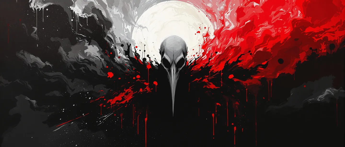Abstract dark artwork featuring a crow skull silhouette with elongated beak, surrounded by swirling red and black paint splashes and drips, set against a moody gray background.