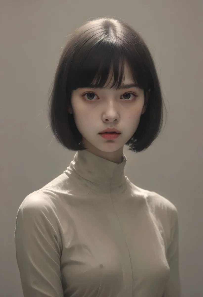 중립 배경을 배경으로 간단한 밝은색 하이넥 상의를 입은 짧은 보브 헤어컷의 젊은 여성 초상화.