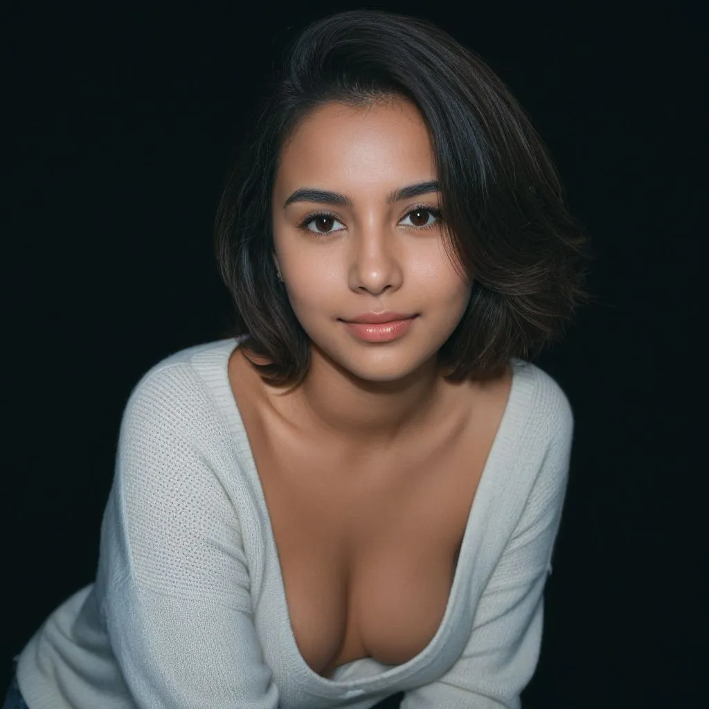 Close-up portrait of a young woman with short black hair wearing a white sweater, in front of a black background, looking directly at the camera with natural skin details.