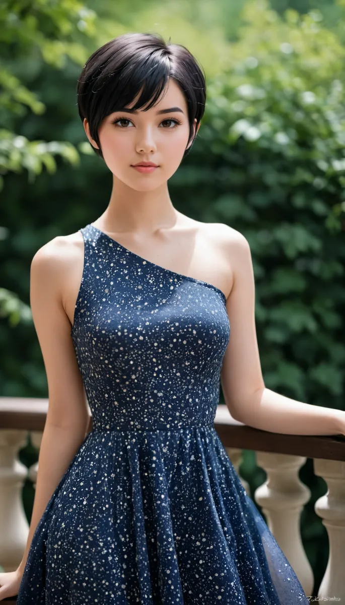 Portrait of a young woman with black pixie cut hair wearing a navy blue one-shoulder dress with white speckles, standing outdoors.