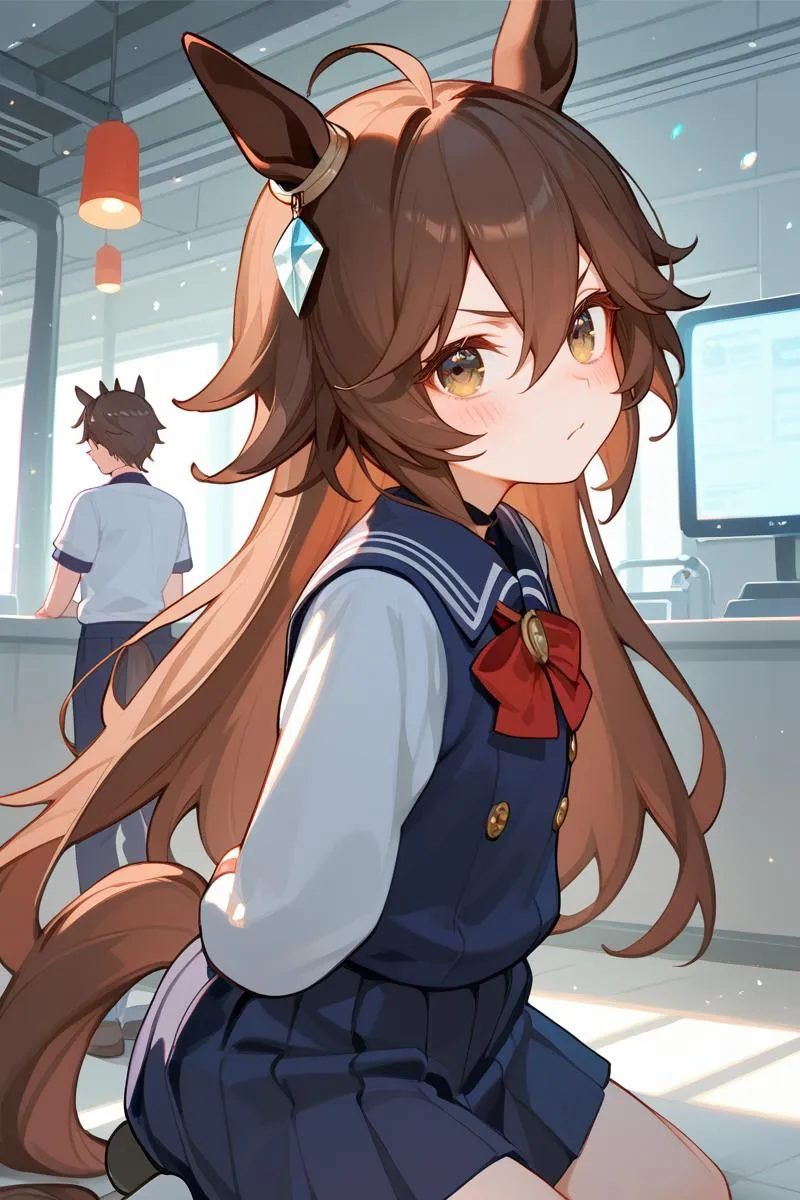 Stable Diffusionを使用して生成されたAI画像で、長い茶色の髪とウサギの耳を持つ、制服を着たアニメ少女を描いています。