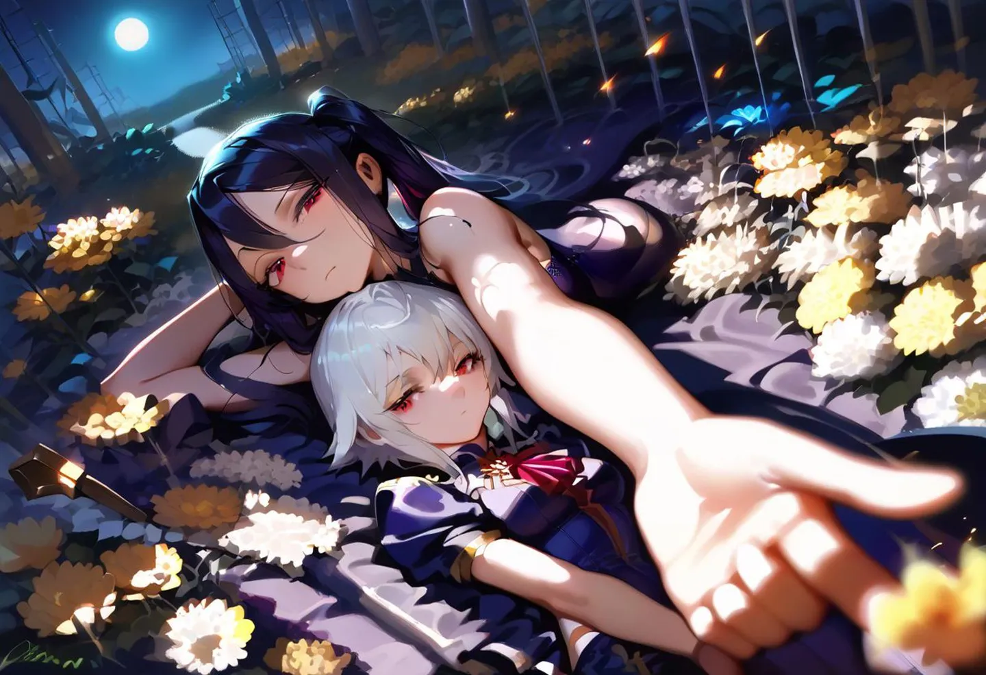 夜の光る金色の花畑に横たわる少女たちを高い視点から。