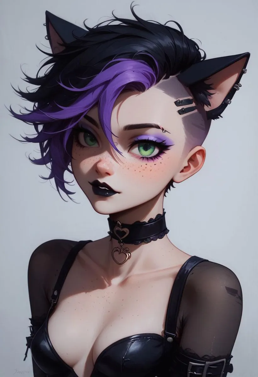 Stable Diffusionを使用したAI生成画像。紫と黒の短髪、緑の目、猫耳、ゴシックファッションを着たキャットガール。