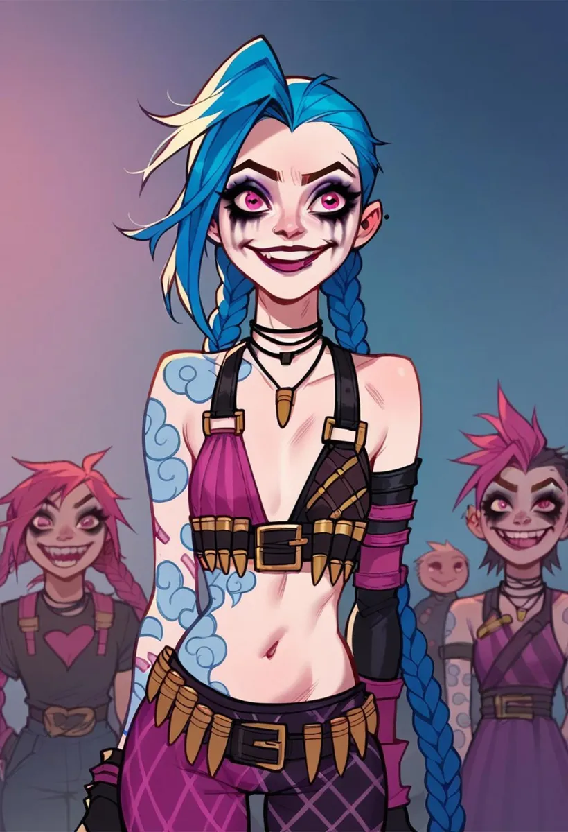 Ragazza punk colorata con capelli blu, riflessi rosa e trucco facciale dettagliato in stile anime, generata da AI usando stable diffusion.