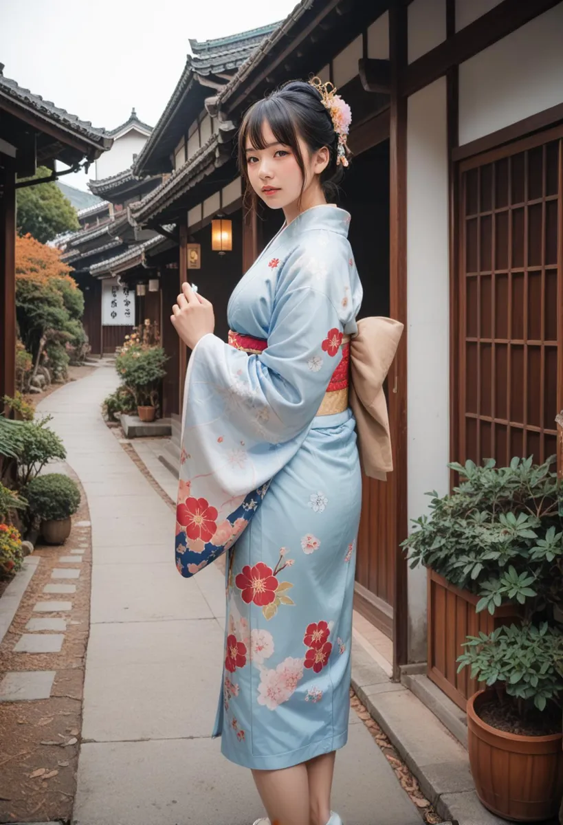 Stable Diffusionを使用して生成された、伝統的な日本の路地に立つ青い花柄の着物を着た女性のAI生成画像。