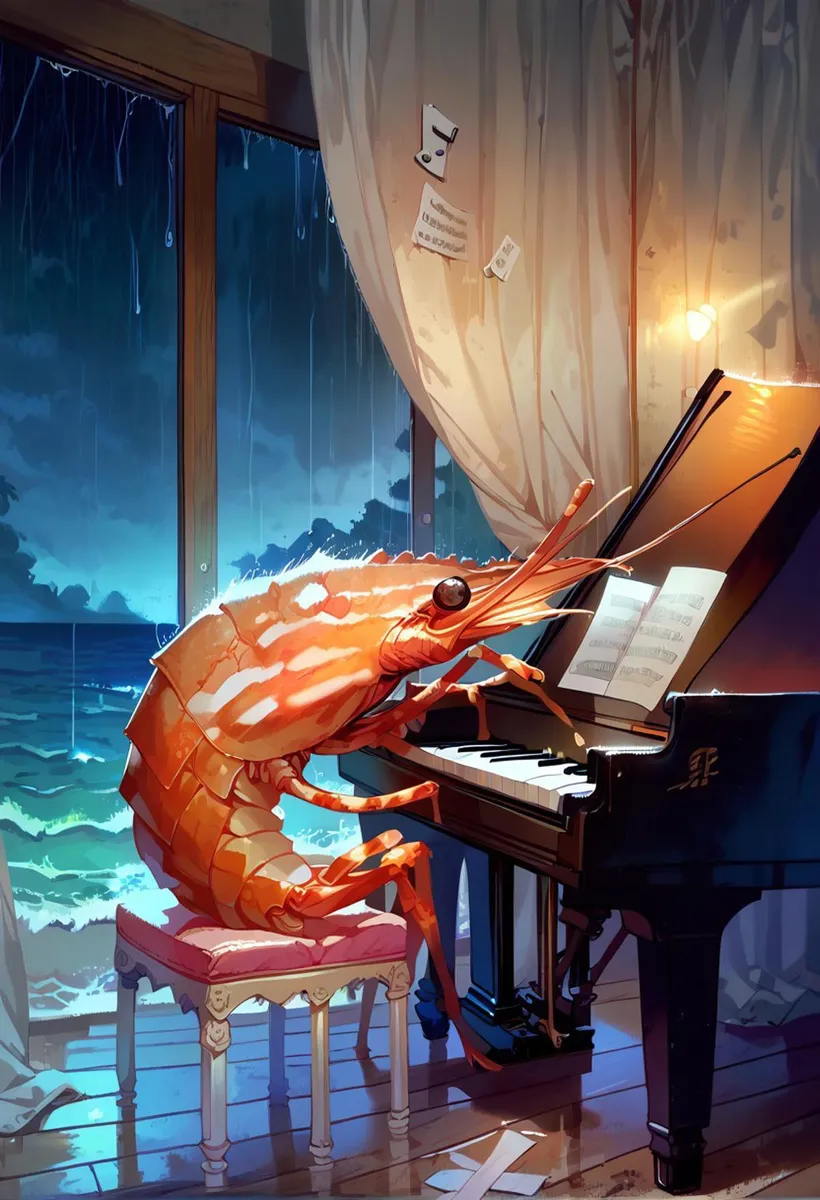 Un gamberetto che suona il pianoforte in una stanza surreale con vista sull'oceano, generata da AI utilizzando Stable Diffusion.