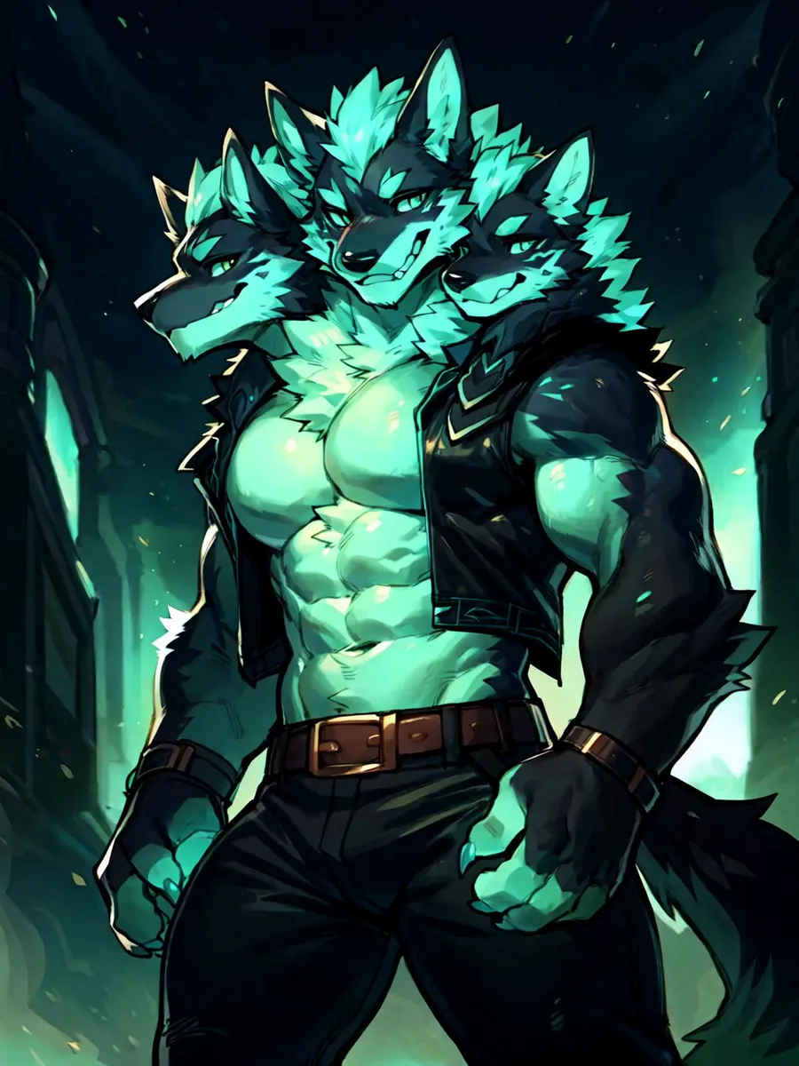 青い髪と発光する特徴を持つ擬人化されたケルベロスキャラクターが夜の廃墟の中に立つ。