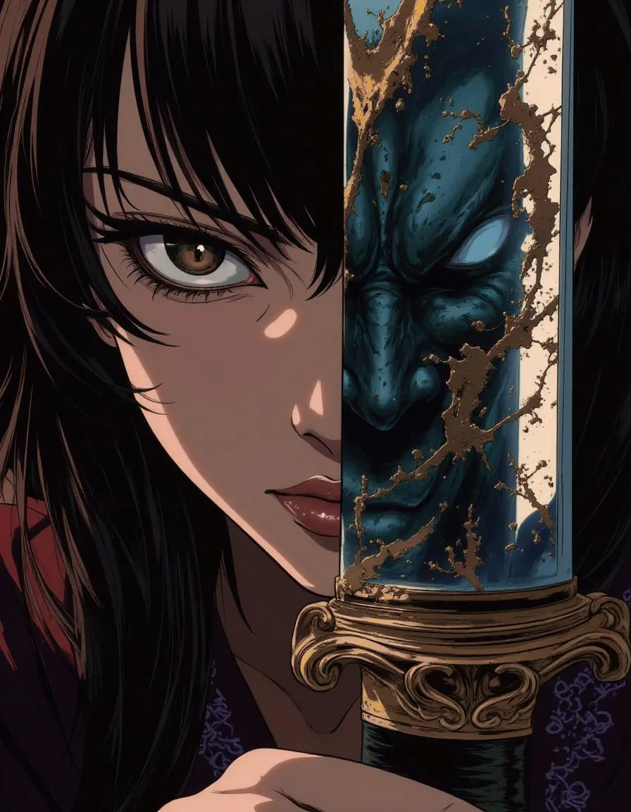 Fierce Japanese female warrior holding a reflective katana, showing a mythical demon in the blade's reflection, depicted in anime style.
