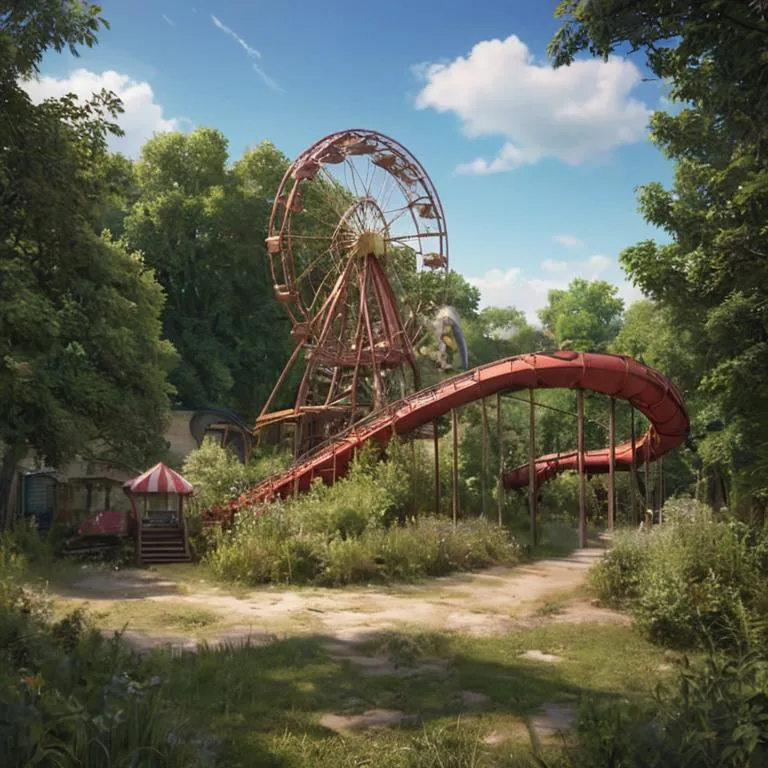 A desolate, abandoned amusement park with a focus on an old, rusting Ferris wheel. This is an AI generated image using stable diffusion.