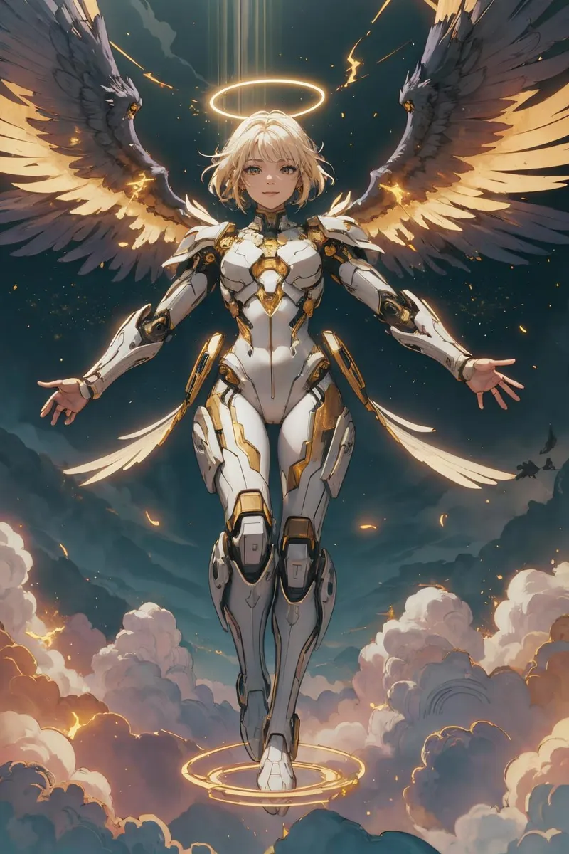 白髪と青い目を持つ壮大なファンタジー戦士の女性が、細かいディテールのメタリックな鎧と翼を身にまとい、神秘的なオーラを放つ。