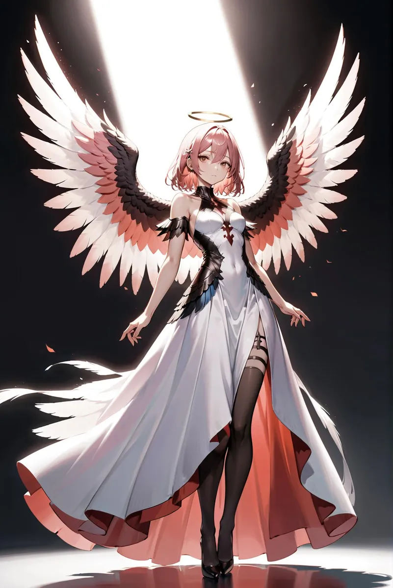 AI-generated image using stable diffusion depicting an angelic warrior with large wings, a halo, and a gold belt floating in the sky amidst flying feathers.
