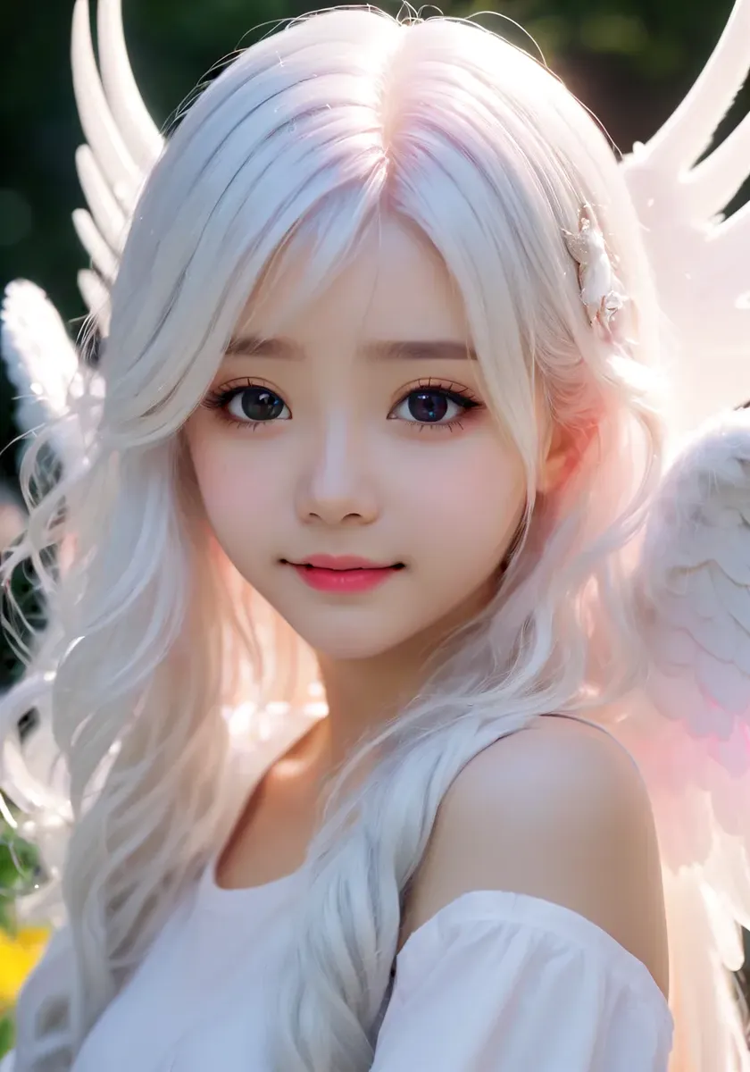 白髪と翼を持ち、鮮やかな色彩と柔らかな光を特徴とするかわいいスタイルの天使の女の子。彼女は優しく微笑んでいます。