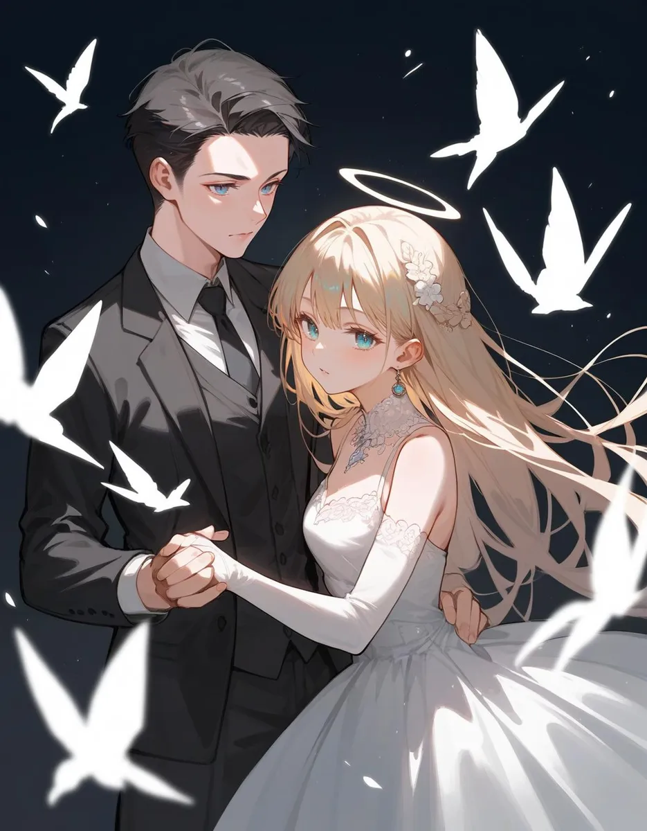 Stable diffusionを使用したAI生成画像で、白い鳥が周りを飛び交う中、手を取り合う結婚式のロマンティックなアニメカップル。
