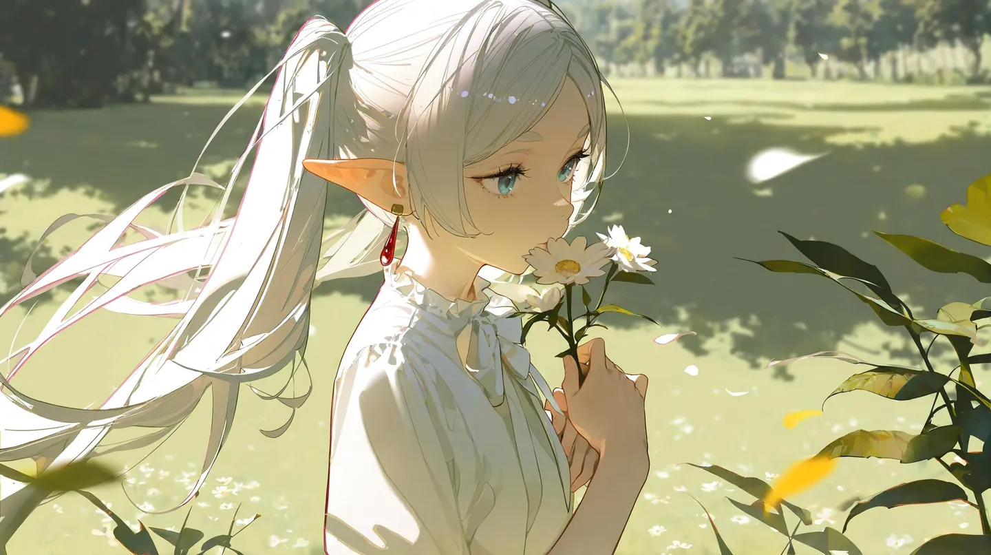 AI generated image of an anime style elf girl with blonde hair, blue eyes, and freckled face, wearing a black corset and white skirt with a red heart next to her.