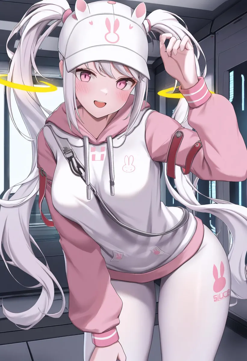 Garota de anime com cabelo azul claro em rabos de cavalo gêmeos, vestida com uma roupa preta e dourada com uma capa azul e dourada. Gerada por IA usando Stable Diffusion.