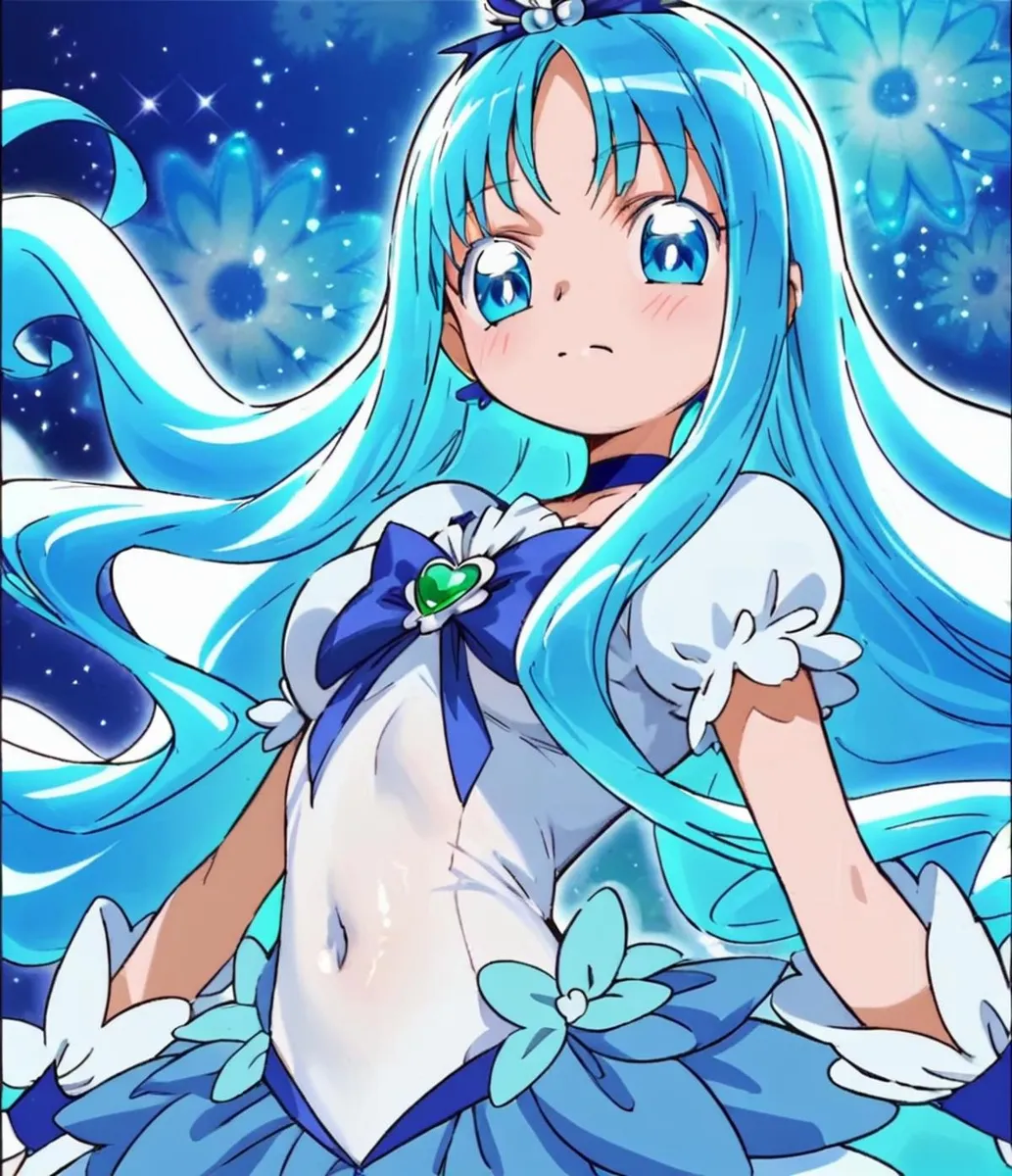 青い髪と光沢のある肌を持つアニメキャラクターのキュアマリンが詳細な背景で描かれている。