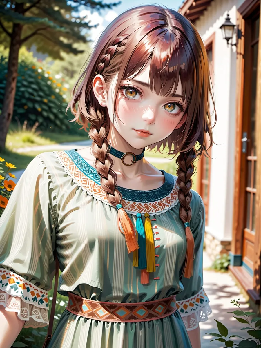 Anime girl with purple eyes and long braided black hair, smiling and wearing a white shirt.