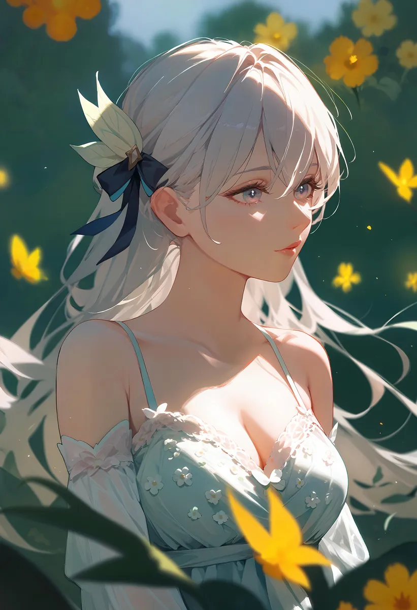 stable diffusionを使用してAI生成された、髪に花を飾った金髪の美しいアニメ少女が黄色い花々に囲まれている画像。