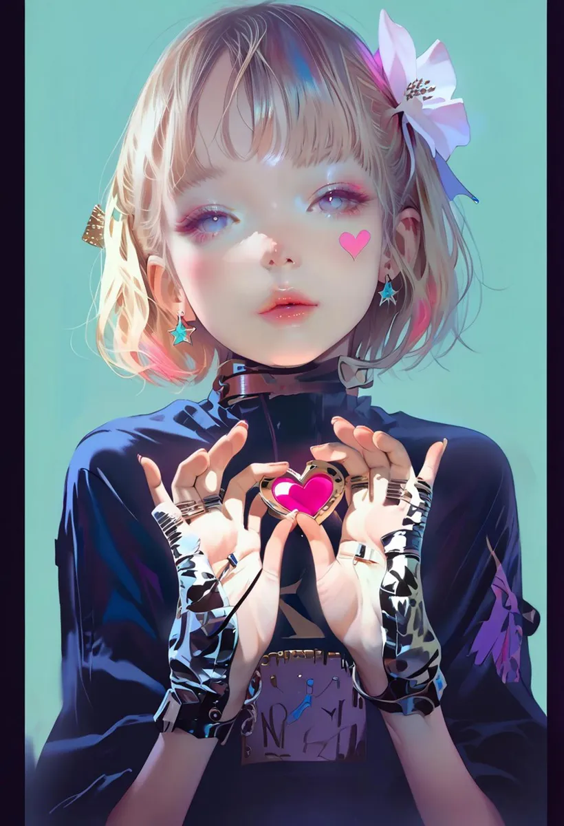 Stable Diffusionを使用して生成されたAIイメージで、金髪のアニメ少女が光る心型のチャームを持っています。髪に花を挿し、頬にハートのステッカーを付けています。