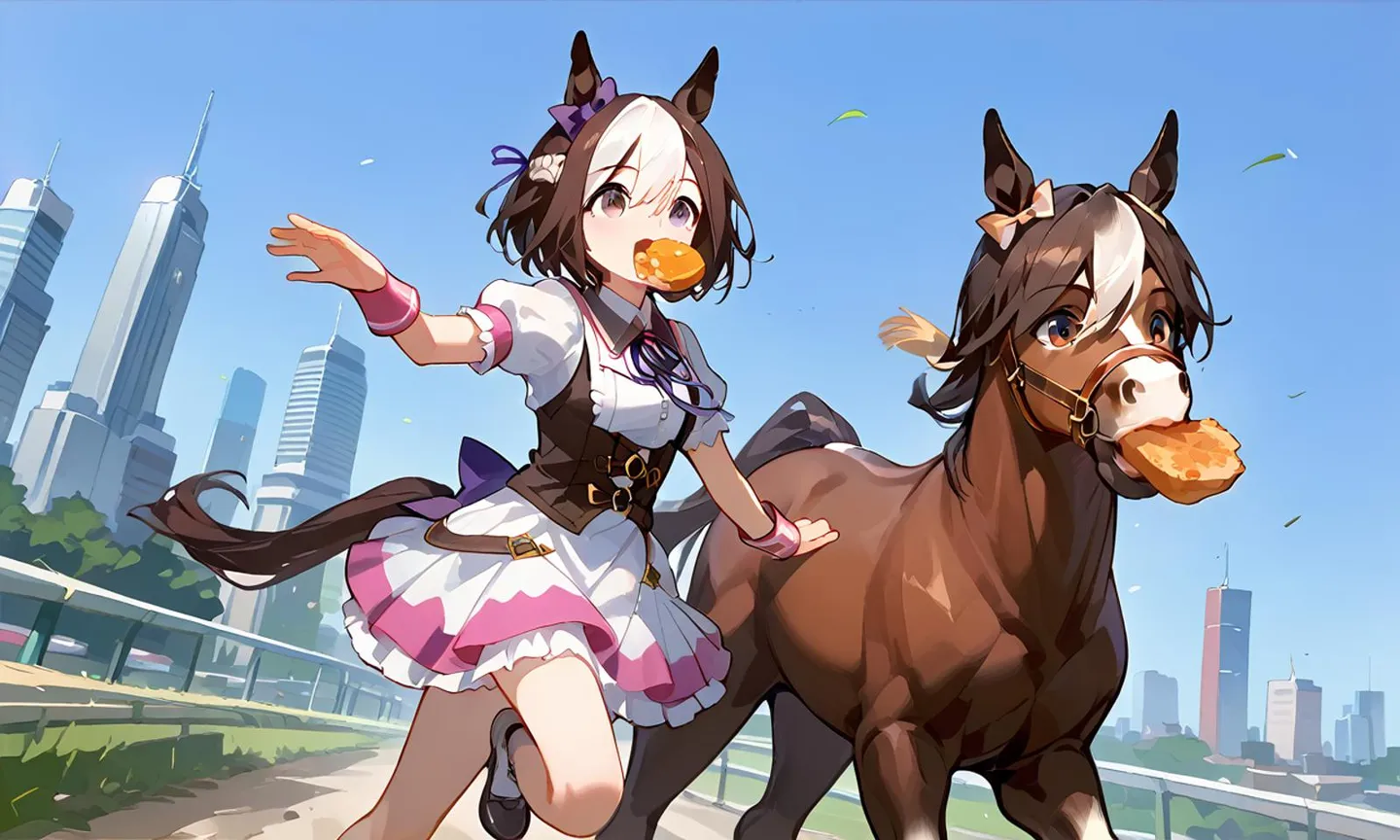 Stable Diffusionを使用して生成されたAI画像で、馬耳とかわいいドレスを着たアニメ少女が、街並みを背景に馬と並走している様子。