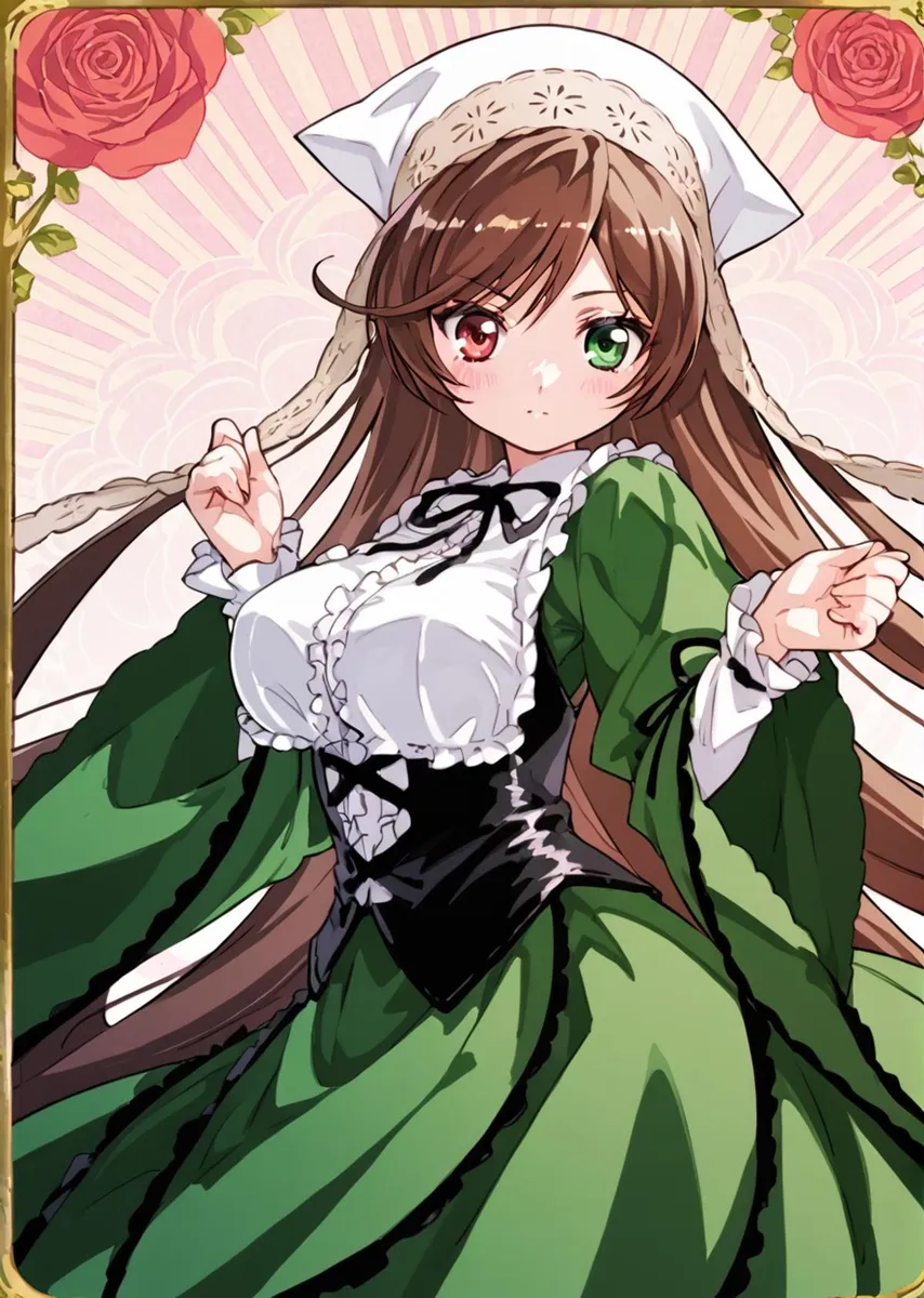 A fantasy anime girl with blonde hair and glowing pink eyes, dressed in a detailed maid outfit. Emphasizes AI generated image using Stable Diffusion.