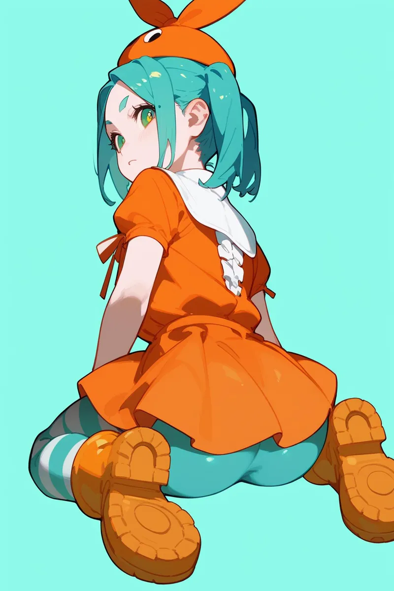 Anime girl in an orange outfit with a large ribbon and bun hairstyle, smiling confidently. AI generated image using Stable Diffusion.