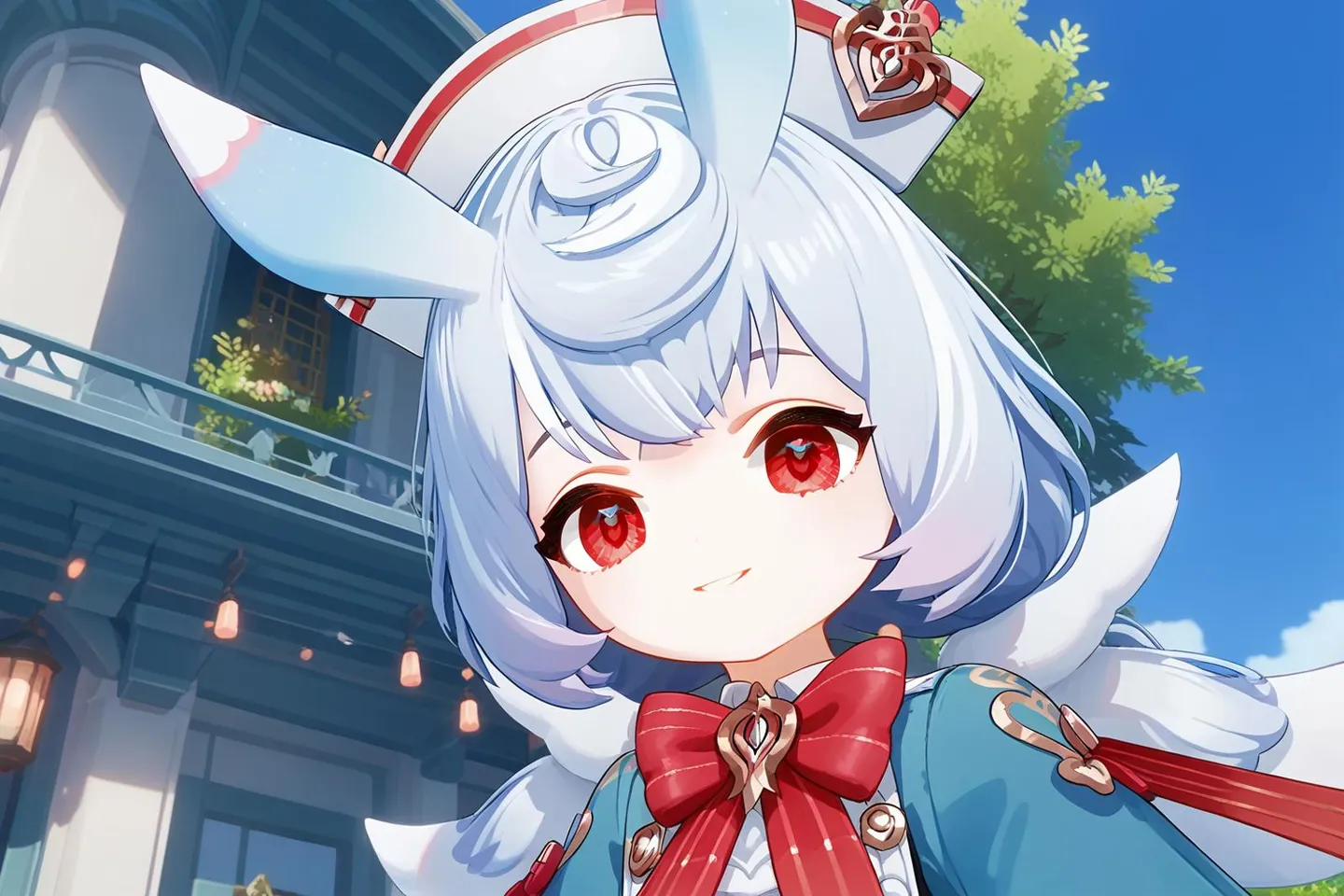 青い髪と大きな赤い目を持つ美しく細部まで描かれたアニメの少女で、ウサギの耳と赤いリボンの付いた紺色の衣装を着ており、stable diffusionを使用してAIで生成されています。
