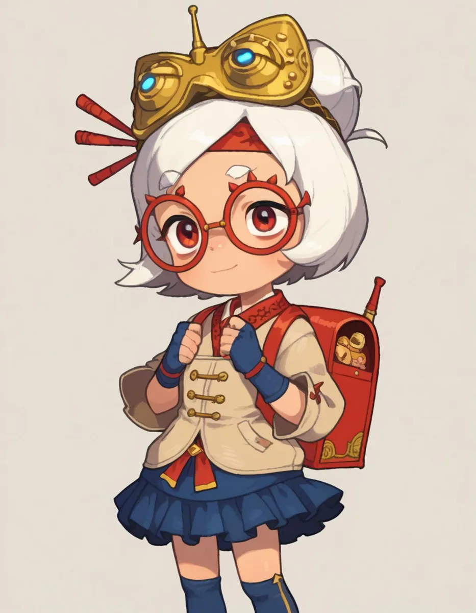 Uma imagem gerada por IA usando stable diffusion apresenta uma garota anime com cabelo branco, grandes óculos vermelhos, um traje steampunk e uma mochila vermelha.