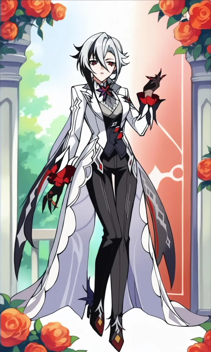 Um personagem de anime elegantemente vestido com roupa gótica preta e branca, em pé em meio a um arco floral, gerado usando IA stable diffusion.