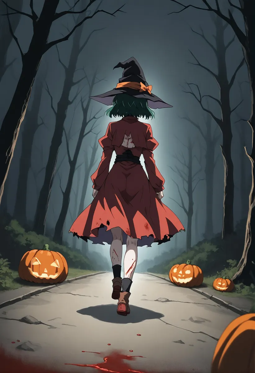 An AI generated image using stable diffusion of a beautiful anime witch with long purple hair and a black dress, holding a broomstick in a Halloween night setting.