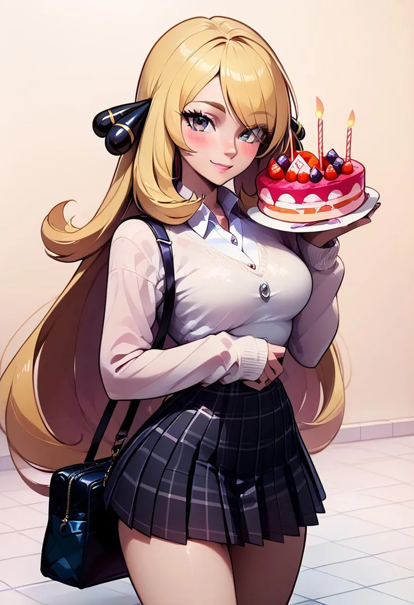 Un'immagine generata da AI usando stable diffusion di una ragazza anime con lunghi capelli biondi, che tiene una torta di compleanno con candeline, vestita con una camicetta bianca e gonna a quadri.