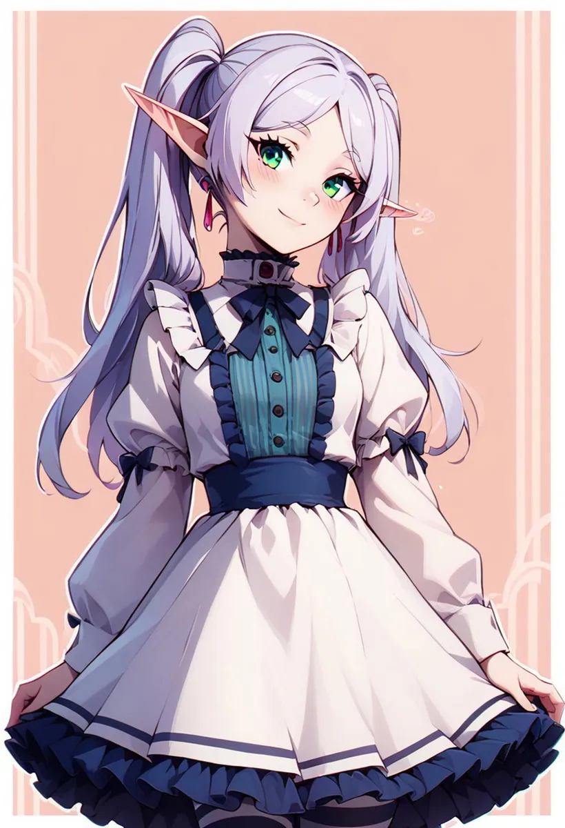 Imagen generada por AI de una chica elfo de anime con cabello largo lila claro en coletas, ojos verdes y orejas puntiagudas, vestida con un vestido estilo victoriano con corsé azul.