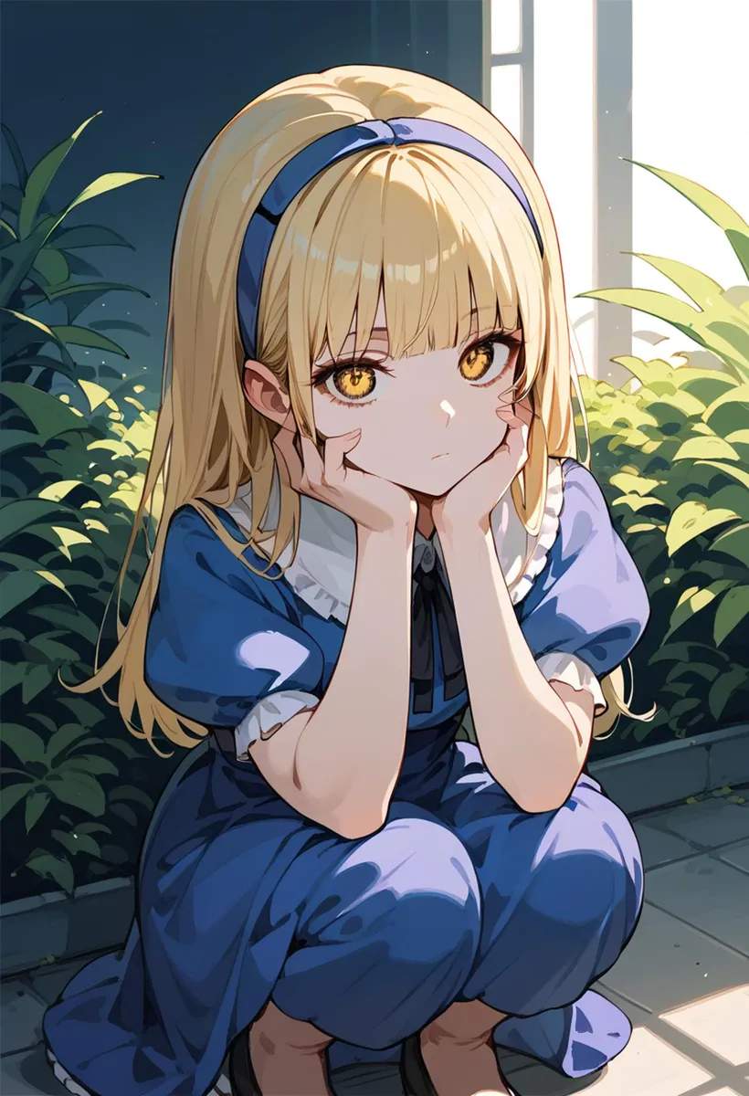 An AI generated image using Stable Diffusion of a smiling anime girl with long blonde hair, red eyes, and multiple earrings.