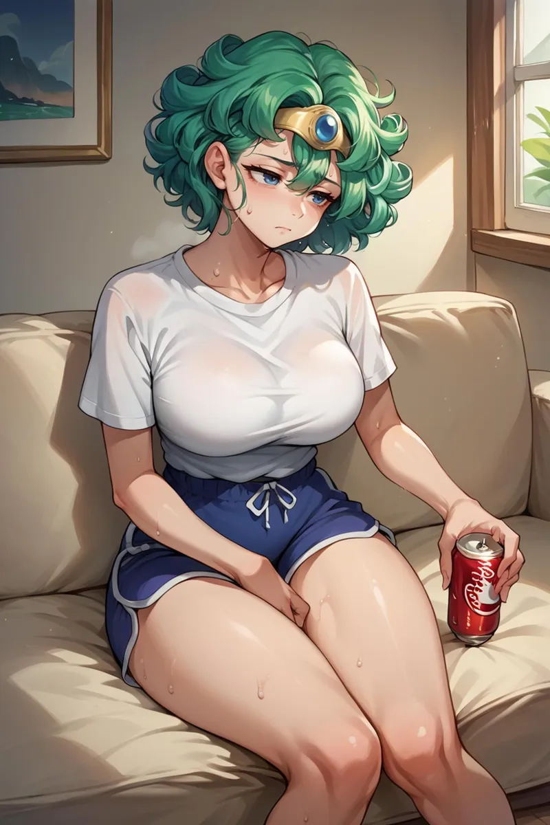緑の巻き毛のアニメ少女がソファに座り、ソーダを持って疲れた様子で、ティアラとカジュアルな服を着ています。