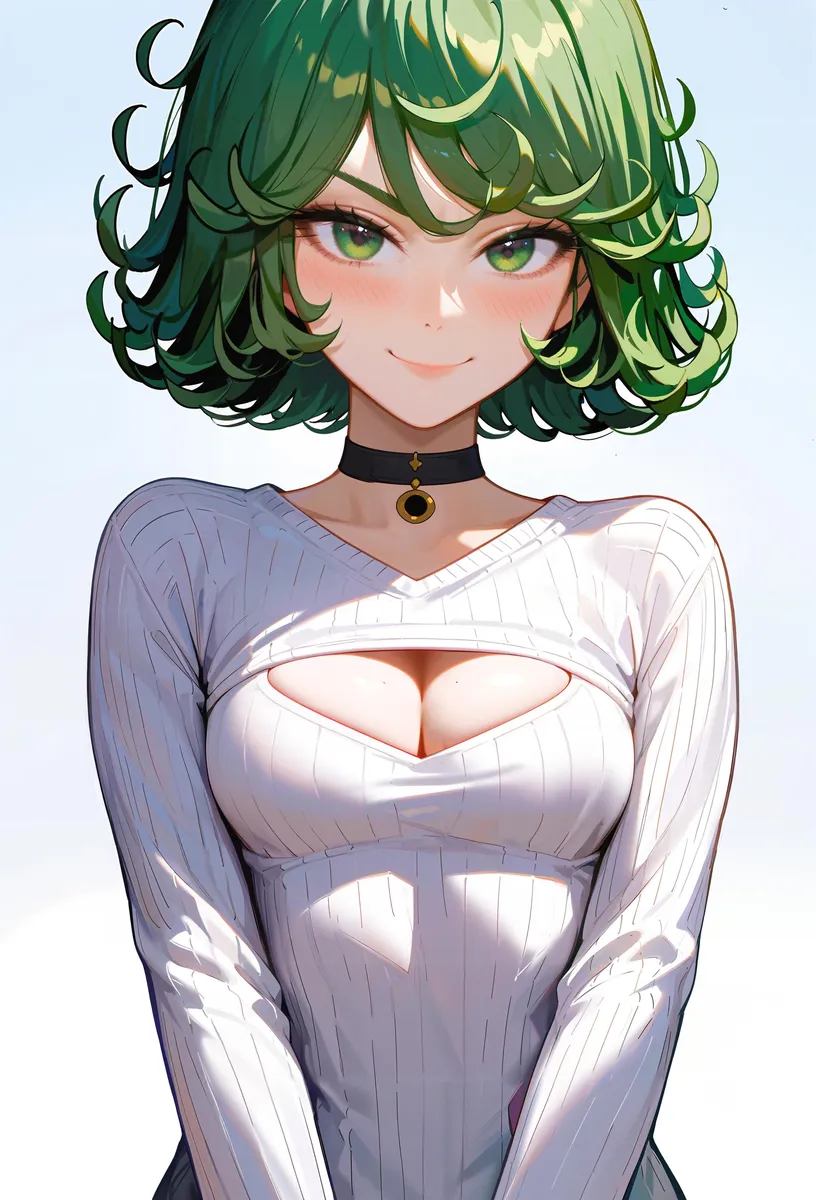 Anime girl with green hair in a ponytail, wearing a black sleeveless top, showing a peace sign with both hands. This is an AI generated image using Stable Diffusion.