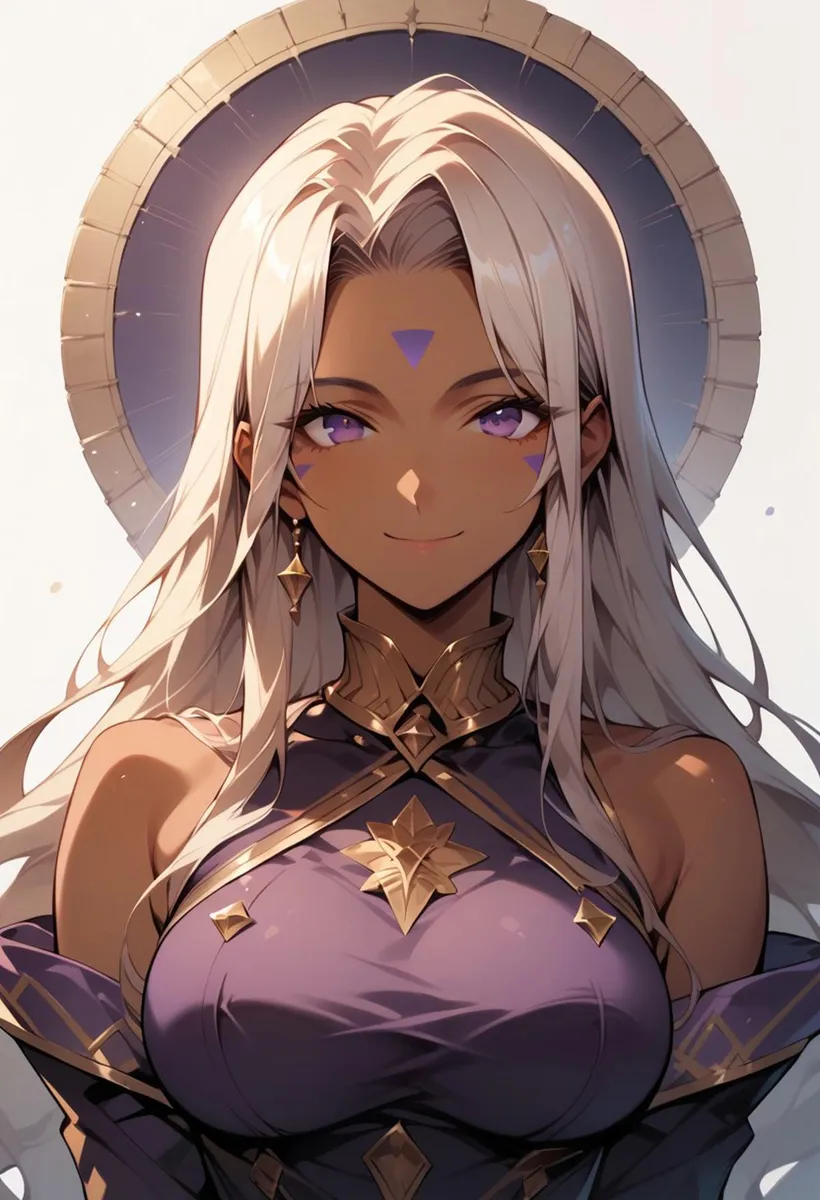 Un personaje de fantasía de una chica anime con cabello rubio platino, ojos púrpura y un halo, adornada con joyas intrincadas y un atuendo púrpura oscuro. Esta es una imagen generada por IA usando stable diffusion.