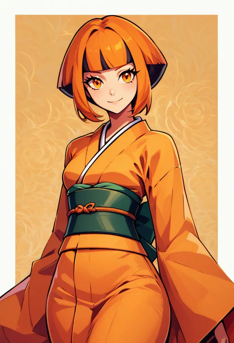 Chica anime con cabello naranja usando un kimono tradicional naranja con un obi verde, generado por IA usando Stable Diffusion.