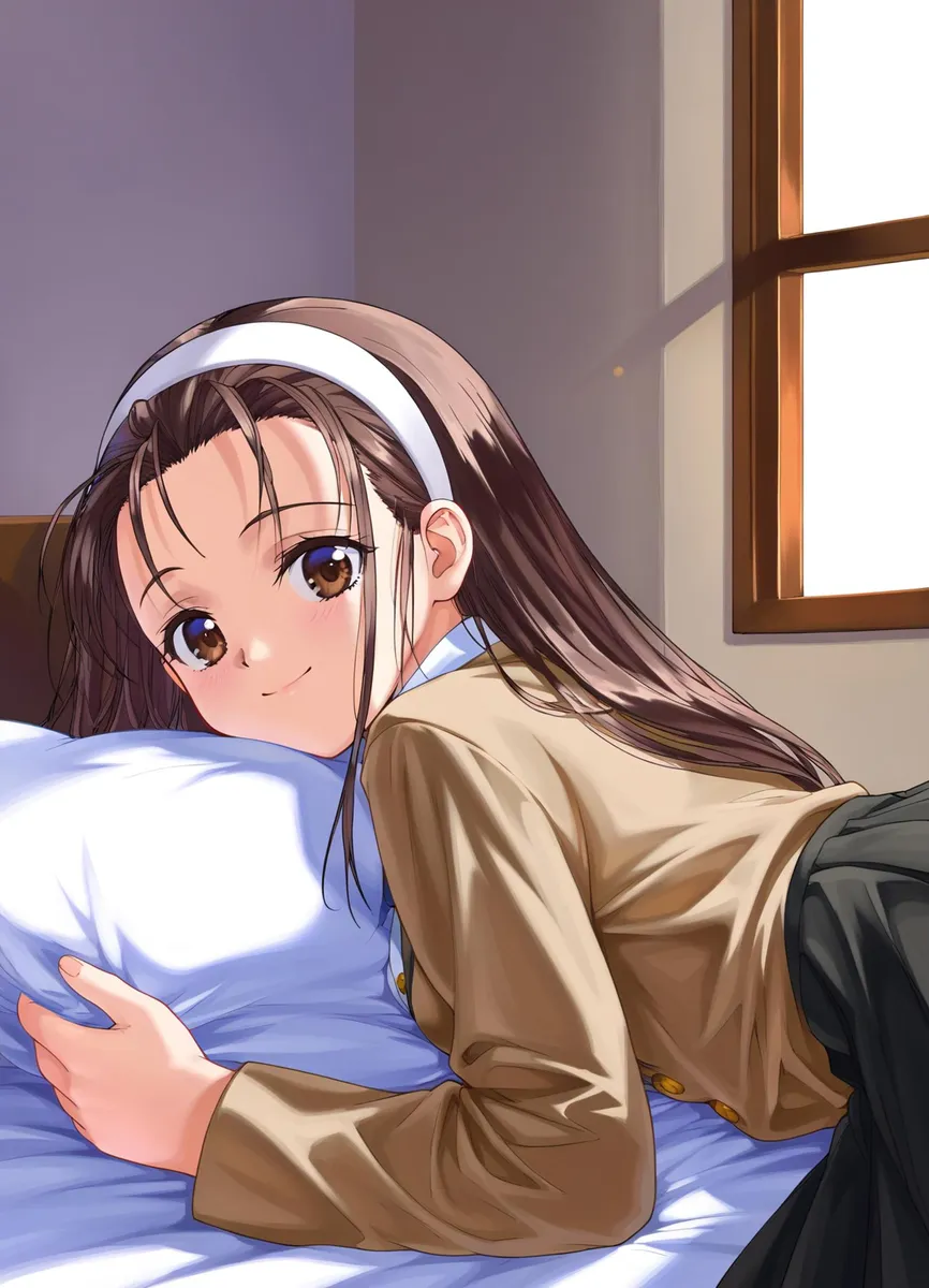 ヘアバンドを着用し、茶色い目と長い黒髪の制服姿のアニメ少女が、寝室のベッドに横たわっている様子。stable diffusionで生成。