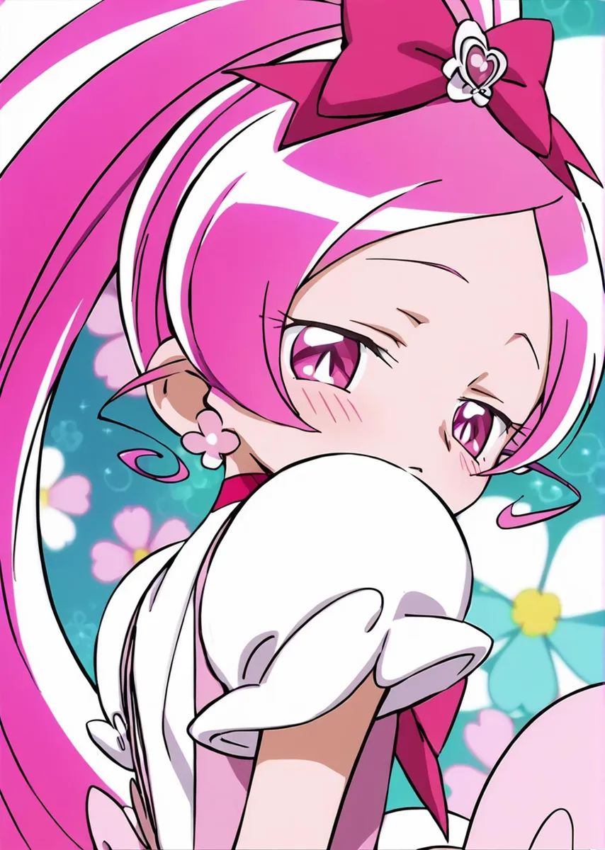 An AI generated image using Stable Diffusion depicts an anime-style girl with pink hair, wearing a fluffy pink hat with bear ears and a white outfit.
