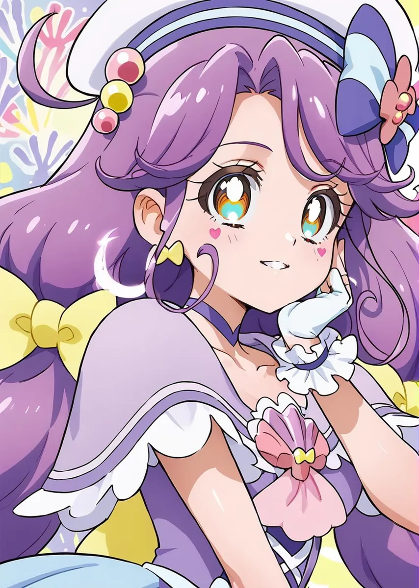 緑のドレスを着た紫髪の女の子が緑の葉に囲まれ、レトロポップスタイルを映画的かつ詳細に表現している。