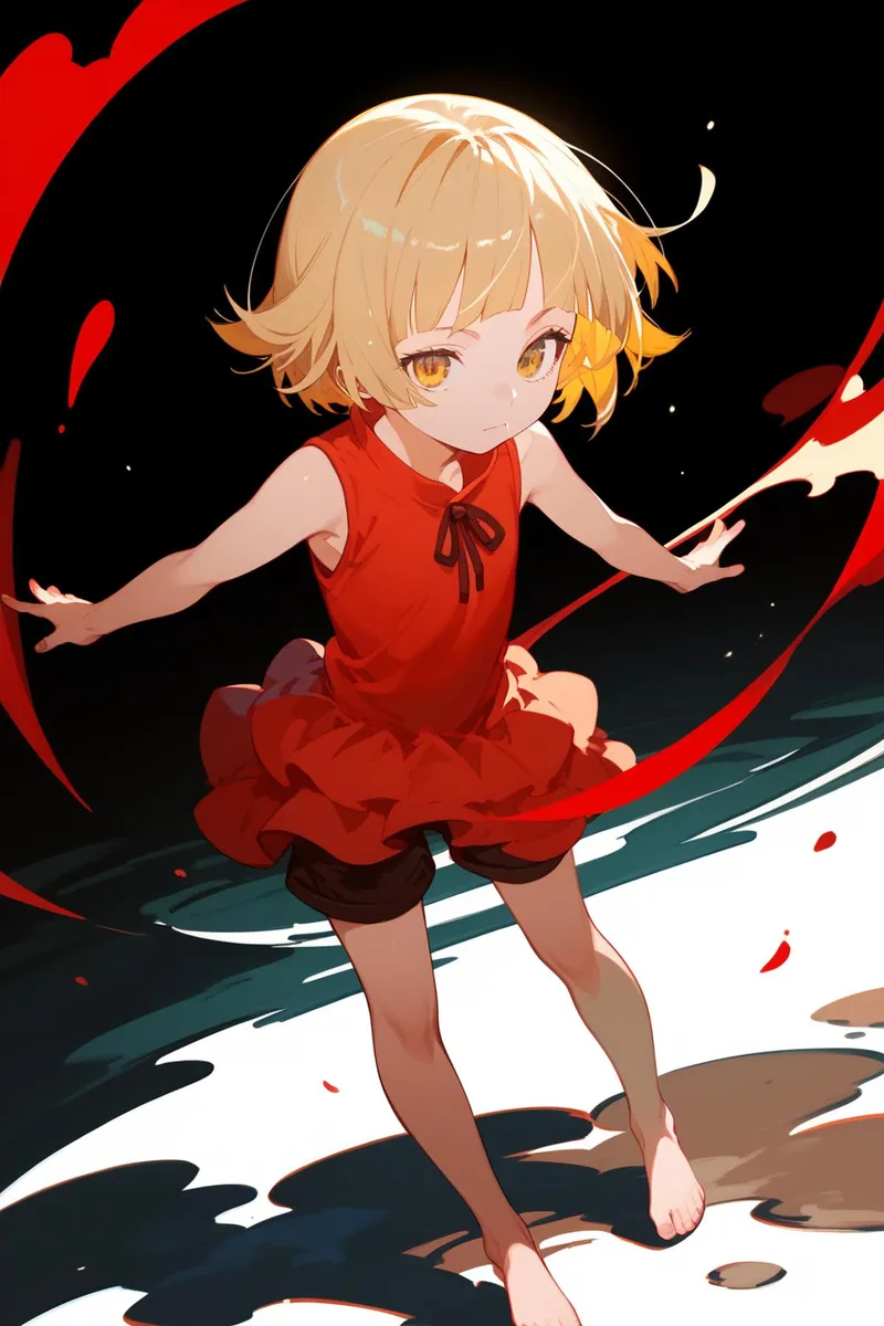 Anime-style character with long white hair, red dress, and red bows, showcasing sharp teeth and yellow eyes, created using Stable Diffusion AI.